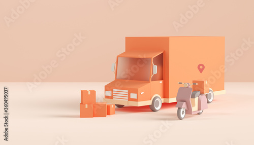 Delivery via motorcycle and truck concept background for web banner