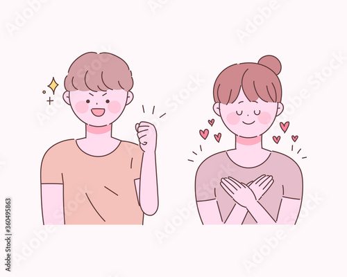 자존감과 자신감에 관한 일러스트. 귀여운 손그림 스타일 캐릭터.