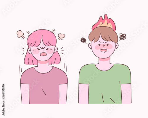 분노를 표출하는 사람들. 귀여운 손그림 스타일 캐릭터.