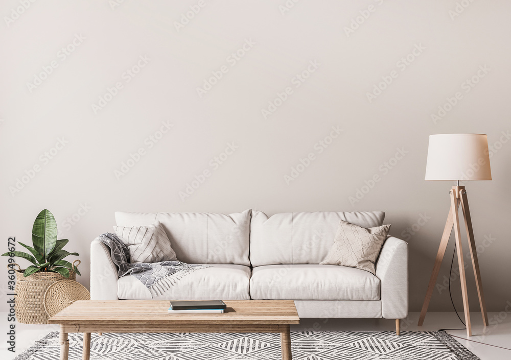 Scandinavian living room design with wooden table, floor lamp, wicker  basket and white sofa on beige background. Simple interior design, 3D  render Stock Illustration | Adobe Stock
