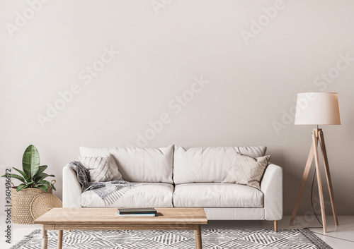 Scandinavian living room design with wooden table, floor lamp, wicker basket and white sofa on beige background. Simple interior design, 3D render