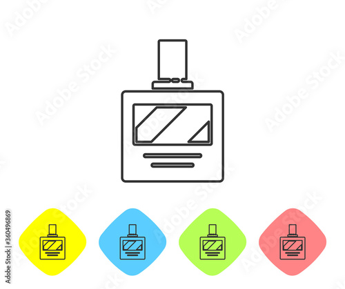 Grey line Aftershave icon isolated on white background. Cologne spray icon. Male perfume bottle. Set icons in color rhombus buttons. Vector Illustration.