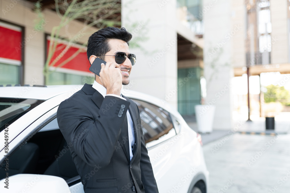 Businessman Talking On Mobile Phone By Car