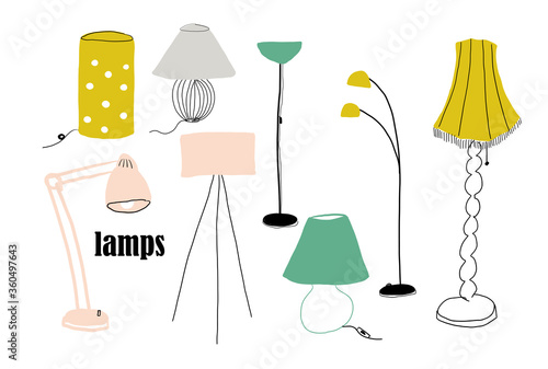 collection of lamps vector illustration. hand drawn table and floor lamps. interior design elements.	