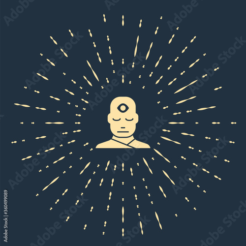 Beige Man with third eye icon isolated on blue background. The concept of meditation, vision of energy, aura. Abstract circle random dots. Vector Illustration.