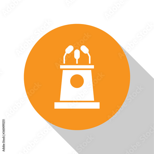 White Stage stand or debate podium rostrum icon isolated on white background. Conference speech tribune. Orange circle button. Vector Illustration.