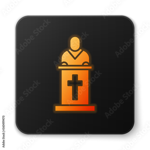 Orange glowing neon Church pastor preaching icon isolated on white background. Black square button. Vector Illustration.