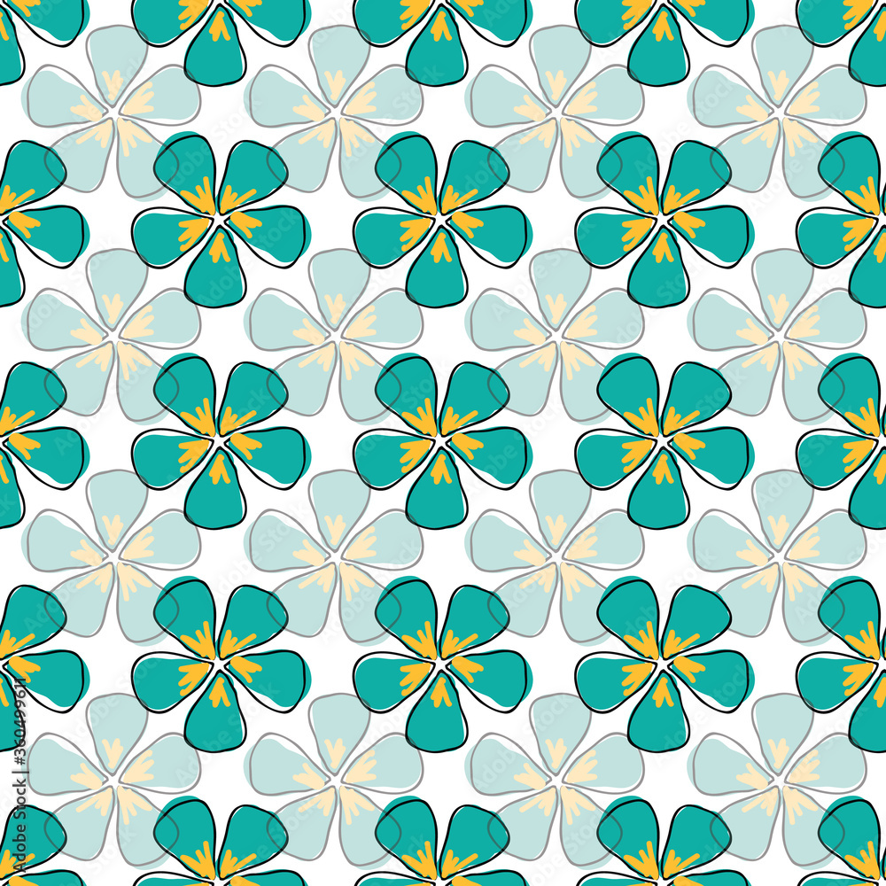 Flowers, opaque and translucent blue teal on white background seamless repeat vector pattern surface design Flowers, opaque and translucent blue teal on white background seamless repeat vector pattern surface design