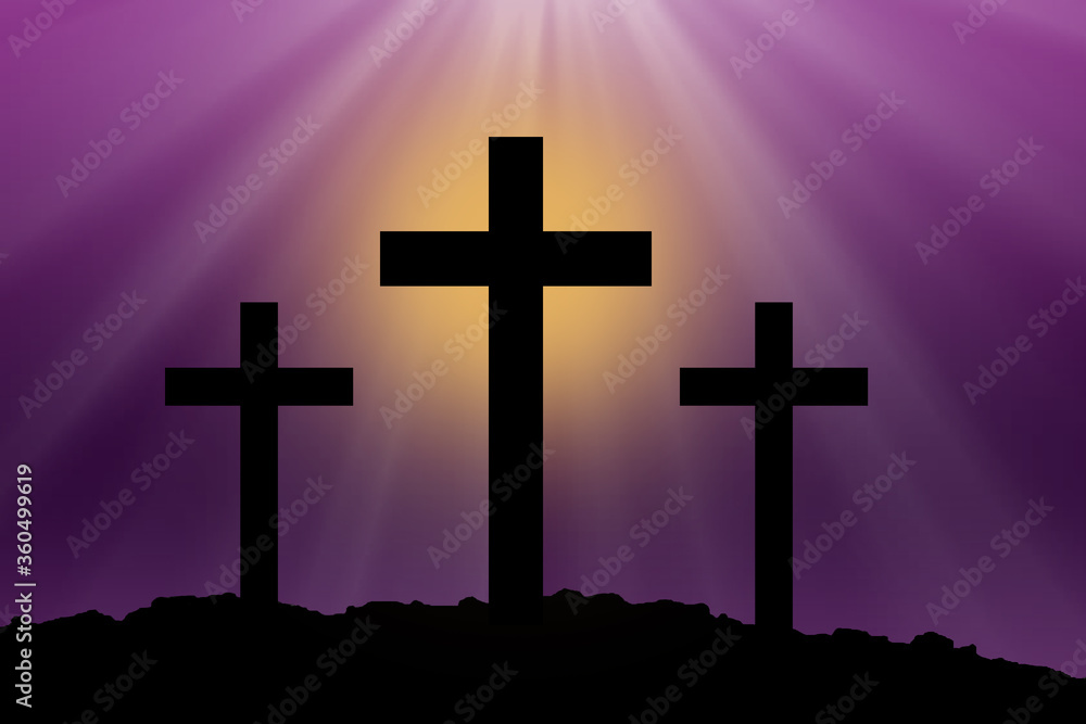 Silhouette Cross Crucifixion Of Jesus Christ on the mountain with Dark Purple and Pink background and wallpaper with Lens Flare, Easter concept. Silhouette Cross Crucifixion Of Jesus Christ on the mountain with Dark Purple and Pink background and wallpaper with Lens Flare, Easter concept.