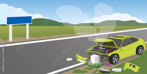 An accident in a yellow car hit a pillar on the side of a road. The front engine was severely damaged and smoke ejected.  On asphalt roads on rural areas with wide fields and mountains.