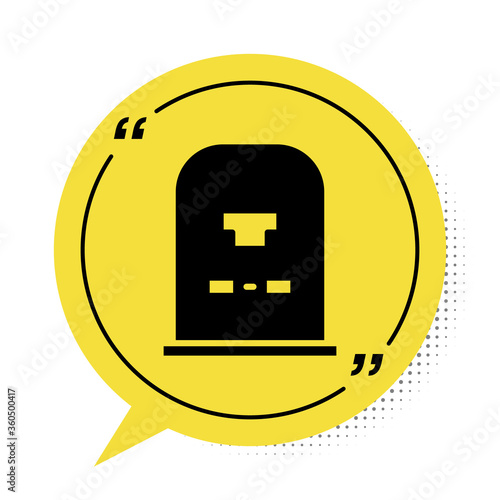 Black Tombstone with RIP written on it icon isolated on white background. Grave icon. Yellow speech bubble symbol. Vector Illustration.