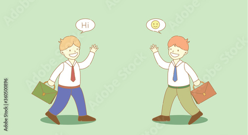 Two men on the way to work, have greeting each other.