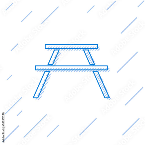 Blue line Picnic table with benches on either side of the table icon isolated on white background. Vector Illustration.