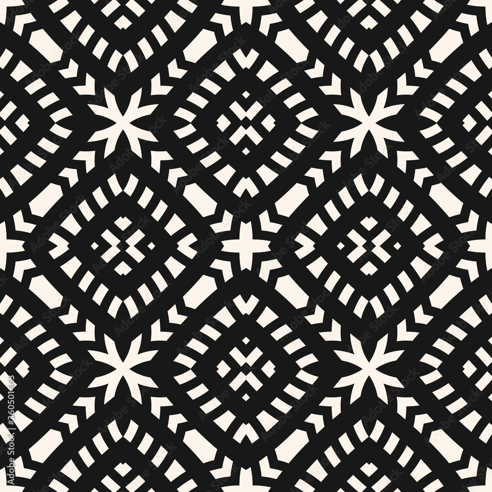 Vector geometric seamless pattern. Abstract black and white ethnic texture with ornamental grid, mesh, lattice, cross shapes. Tribal ethnic motif. Folk style monochrome background. Repeatable design