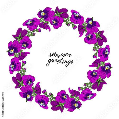 Hand drawn colorful pansy flowers circular wreath. Floral design element. Isolated on white background. Vector illustration.