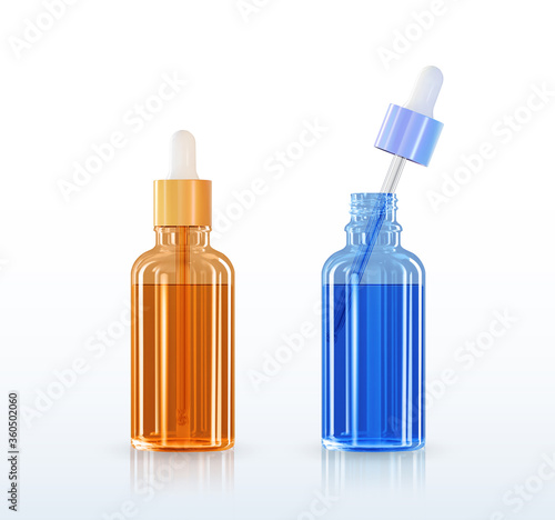 Set of realistic cosmetic container different color glass with collagen solution advertising background ready to use, luxury skin care cream. Beauty product ad design. Transparent pipette