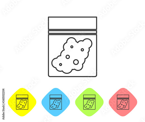 Grey line Plastic bag of medicinal cannabis icon isolated on white background. Health danger. Set icons in color rhombus buttons. Vector Illustration.