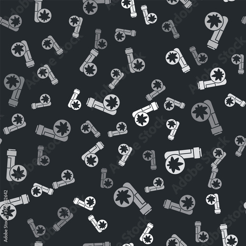 Grey Chemical test tube with marijuana or cannabis leaf icon isolated seamless pattern on black background. Research concept. Laboratory CBD oil. Vector Illustration.