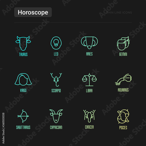 Set of zodiacal icons for horoscope wheel, chart, banner, web site. Vector illustration in thin line style.