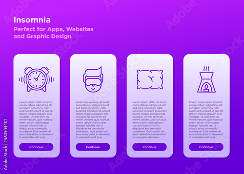 Insomnia and sleep mobile user interface. Thin line icons. Man in sleeping mask, comfortable pillow, alarm and aroma lamp. Vector illustration.