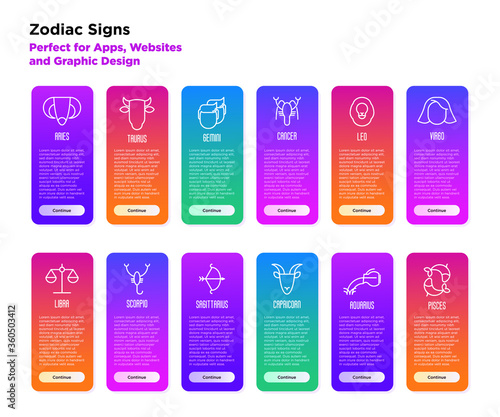 Mobile user interface for horoscope mobile app with zodiacal icons. Vector illustration in thin line style, template with copy space.