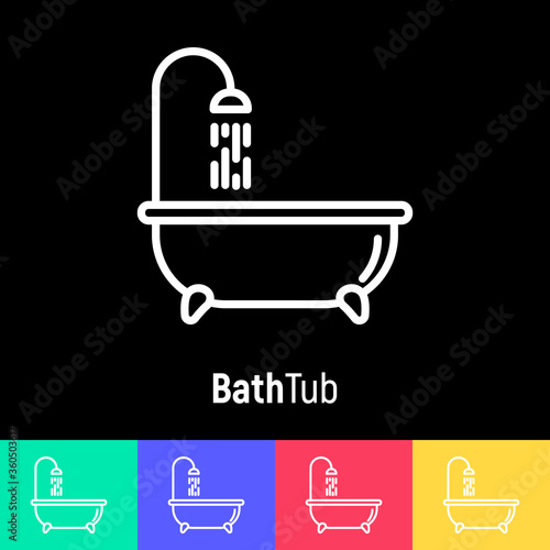 Bathtub and shower with running water. Thin line vector illustration of plumbing or save water concept.