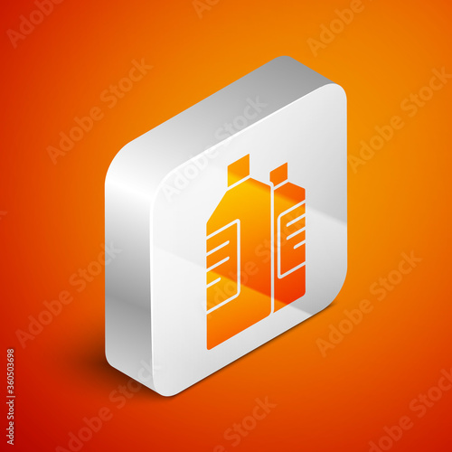 Isometric Plastic bottles for laundry detergent, bleach, dishwashing liquid or another cleaning agent icon isolated on orange background. Silver square button. Vector Illustration.