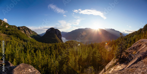 Beautiful Panoramic View of Canadian Mountain Landscape during a sunny sunset. Squamish, British Columbia, Canada. Nature Background Panorama