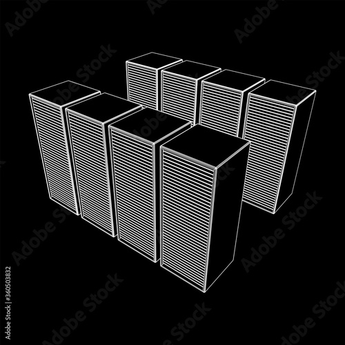 Data center storage room object. Hardware equipment telecommunication server. Computer database tower. Internet industry cluster. Wireframe low poly mesh 3d render illustration