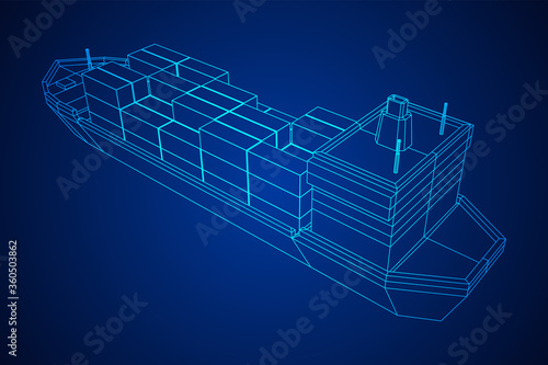 Heavy dry cargo ship of bulk carrier with freight containers. Wireframe low poly mesh vector illustration.