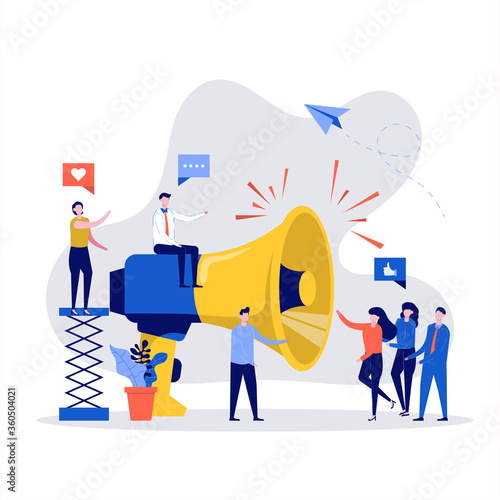 Business advertising promotion concept. Loudspeaker talking to the crowd with big megaphone. Advertisement marketing with people character. Modern vector illustration in flat style for landing page