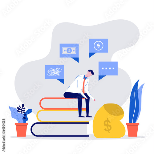 Money problem Financial Trouble Flat Illustration. Frustrated businessman don't know how to make money. Economic crisis, business bankruptcy, unpaid loan debt. Pressured worker with mental health