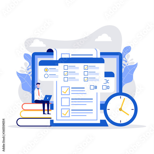 Concept of online exam, online testing, questionnaire form, online education, survey, internet quiz. Modern illustration in flat style for landing page, mobile app, poster, banner, template, web
