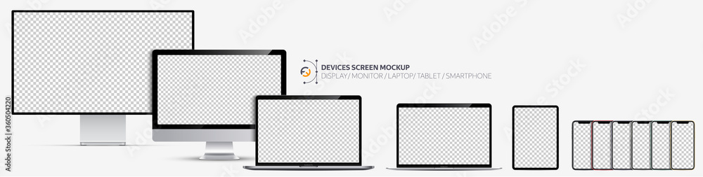 Device screens mockup. Display, Monitor, Laptop pro and thin, tablet and smartphone all colors with blank screens for you design. Realistic vector illustration EPS10 - obrazy, fototapety, plakaty 
