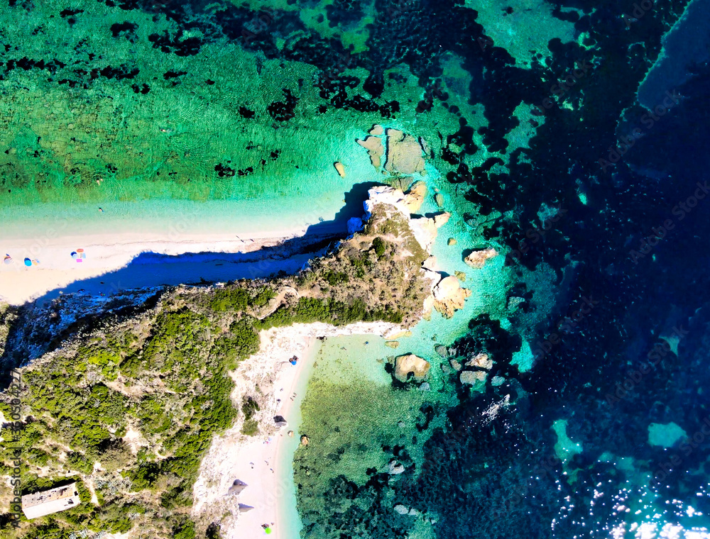 Elba Island, Italy. Amazing downward aerial view from drone of Capo Bianco and Padulella Beach near Portoferraio