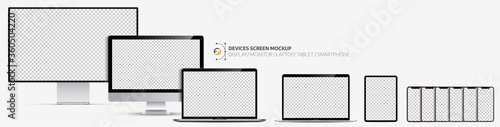 Device screens mockup. Display, Monitor, Laptop pro and thin, tablet and smartphone all colors with blank screens for you design. Realistic vector illustration EPS10