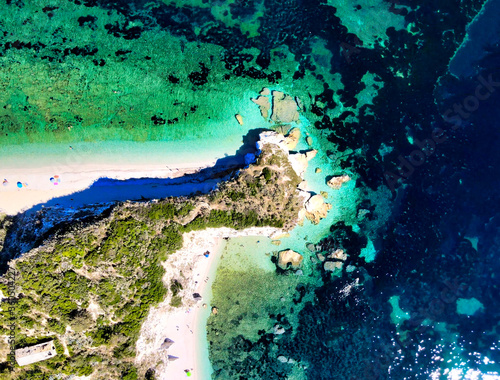 Elba Island, Italy. Amazing downward aerial view from drone of Capo Bianco and Padulella Beach near Portoferraio
