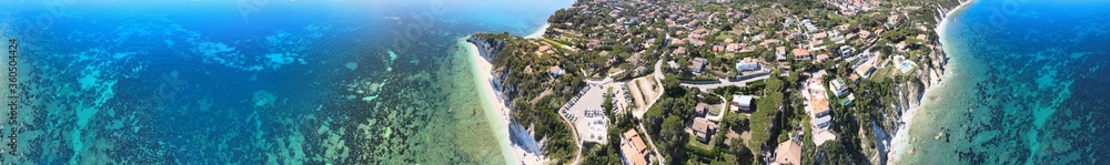 Obraz premium Elba Island, Italy. Amazing downward aerial view from drone of Capo Bianco and Padulella Beach near Portoferraio