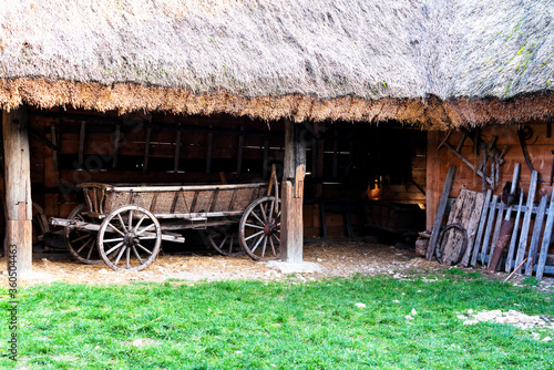 TOKARNIA, POLAND - OCT 9, 2019: Old traditional polish wooden house in an open-air museum of Kielce (Muzeum Wsi Kieleckiej), Tokarnia, Poland, Europe. Picture taken during famous polish golden autumn.