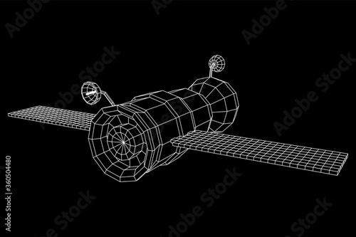 Space station communications satellite. Wireframe low poly mesh vector illustration.
