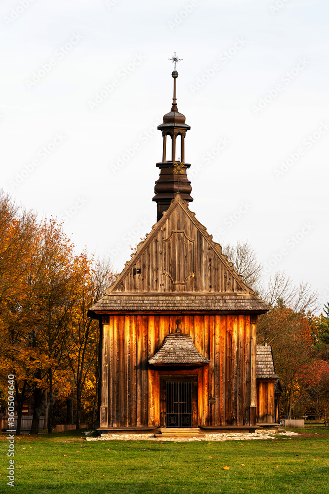 Old traditional polish wooden church in an openair museum of Kielce