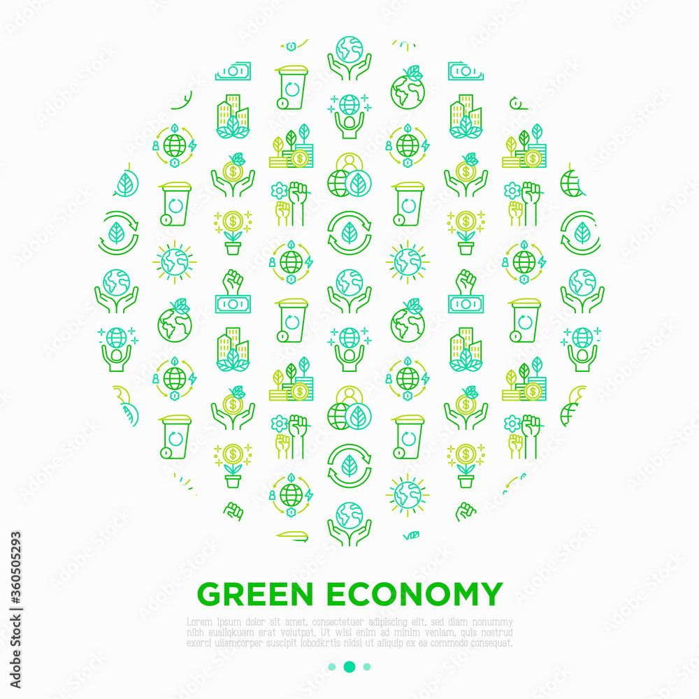 Green economy concept in circle with thin line icons: financial growth, green city, zero waste, circular economy, green politics, global consumption. Vector illustration for environmental issues. Green economy concept in circle with thin line icons: financial growth, green city, zero waste, circular economy, green politics, global consumption. Vector illustration for environmental issues.
