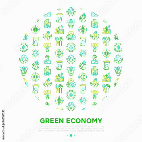 Green economy concept in circle with thin line icons: financial growth, green city, zero waste, circular economy, green politics, global consumption. Vector illustration for environmental issues.