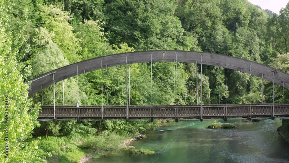 Aerial view of the Serio river and old bridge. Val Seriana, Bergamo. Aerial view of the Serio river and old bridge. Val Seriana, Bergamo.