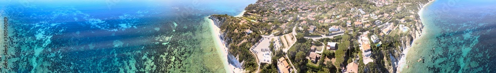 Obraz premium Elba Island, Italy. Amazing downward aerial view from drone of Capo Bianco and Padulella Beach near Portoferraio
