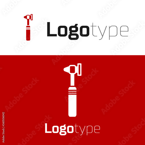 Red Medical otoscope tool icon isolated on white background. Medical instrument. Logo design template element. Vector Illustration.