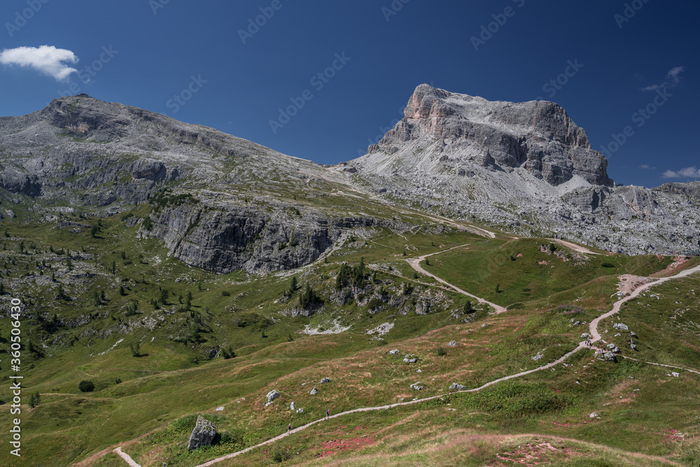 Averau (2,649 m), highest mountain in Nuvolau group, as seen from Cinque Torri, Dolomiti Ampezzane, Eastern Dolomites, Cortina d'Ampezzo, Province of Belluno, Italy.