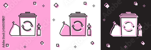 Set Recycle bin with recycle symbol icon isolated on pink and white, black background. Trash can icon. Garbage bin sign. Recycle basket. Vector Illustration.