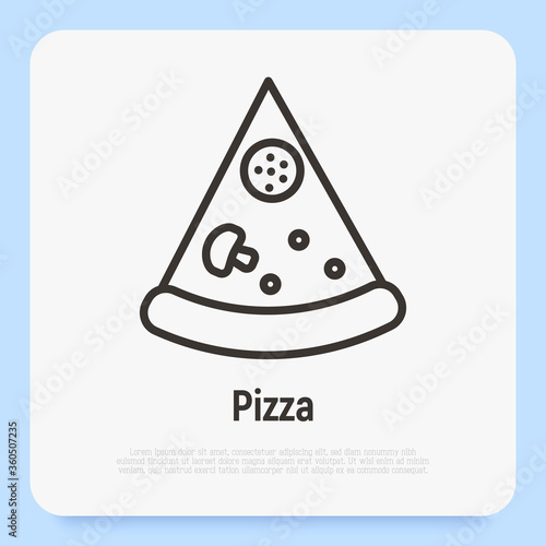 Pizza slice logo with thin line icon for menu design of restaurant or pizzeria. Vector illustration.