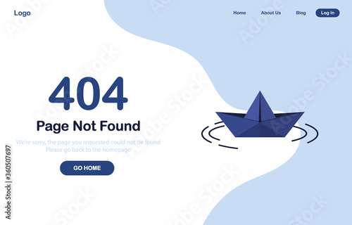 Vector 404 error page not found banner. Go home. Origami paper boat or ship. System error, broken page. Сircles on the water. For website. Web Template. Blue. Eps 10